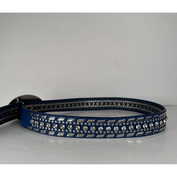 Nocona Genuine Blue/Silver Leather Western Belt Rhinestone Bedazzled Womens Y2K